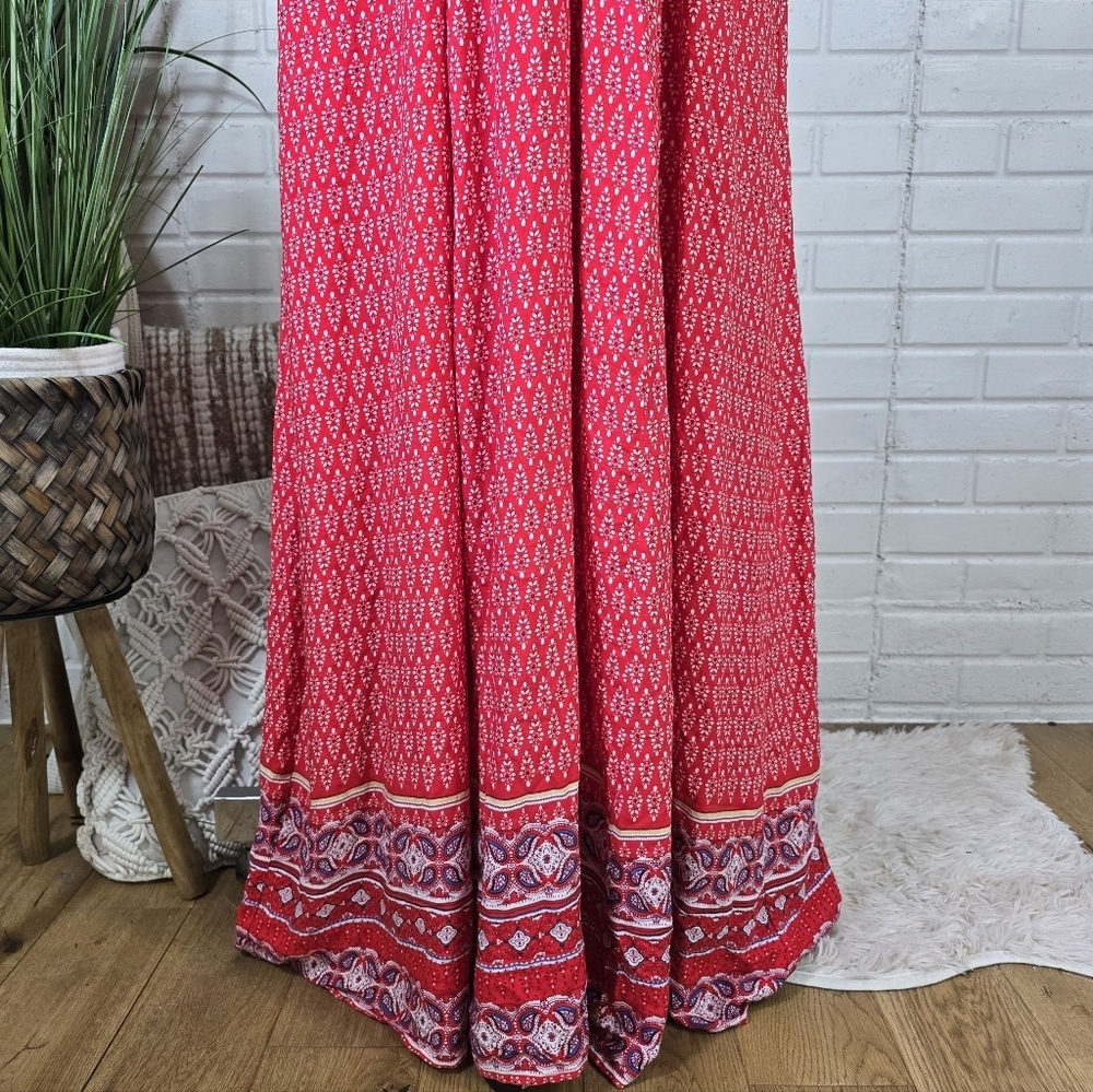Southern Fried Chicks Boho Floral Paisley Strappy Maxi Dress size Small Red Blue - Picture 6 of 9